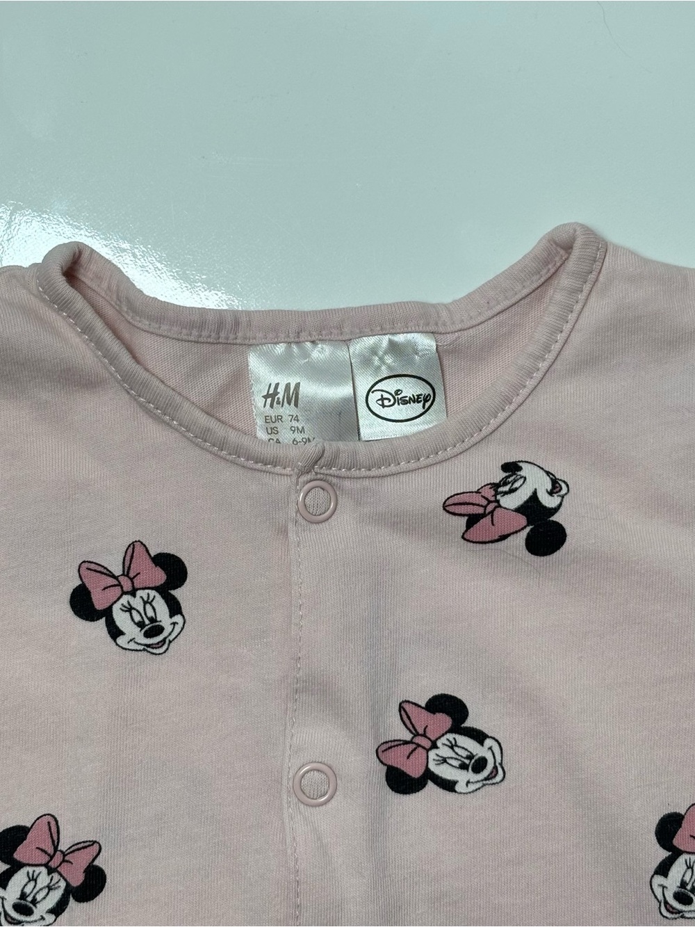 H&M Disney Minnie Mouse Pink Romper & Twill Overalls Dress Set 6M AOP Cotton - Picture 3 of 7